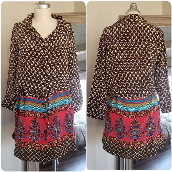 TOLANI Anthopologie Silk Bohemain Button Down Shirt Dress Tunic W Drawstring. - Picture 1 of 16